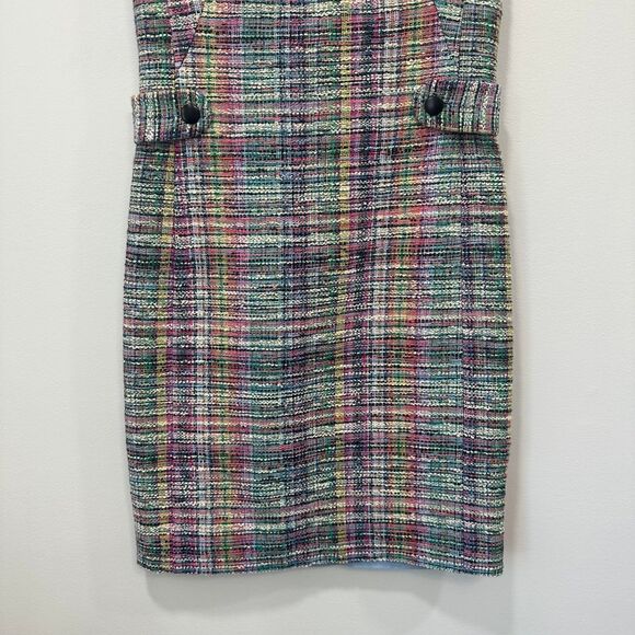 Akris Punto Multicolored Bleached Denim Dress 4 Tweed Plaid Career Fringe‎ NWT - Picture 6 of 10